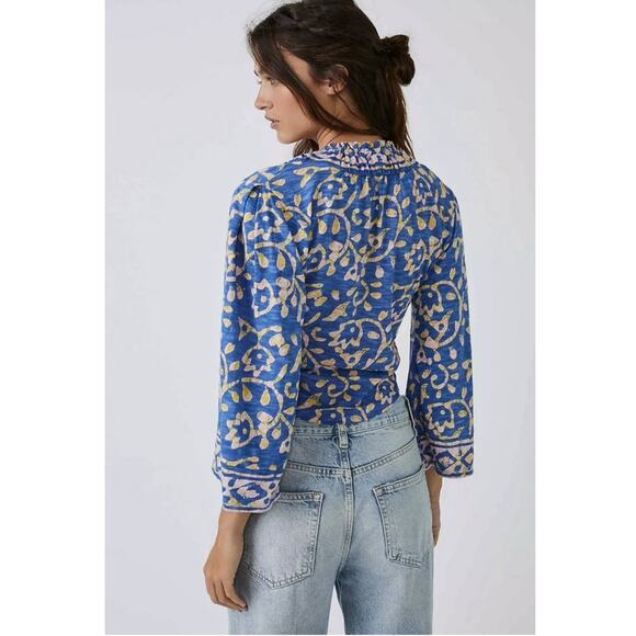 Free People Retro 70s Bohemian On The Block Top in Blue Large V Neck Bell Sleeve - Picture 3 of 16
